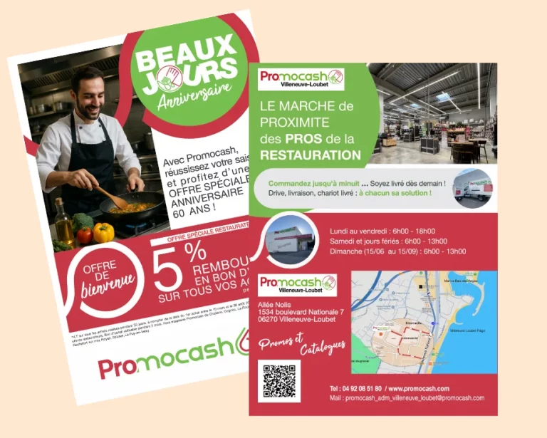Flyer promotionnel créé par Simplcom L’agence pour l’ouverture du magasin Promocash Villeneuve-Loubet