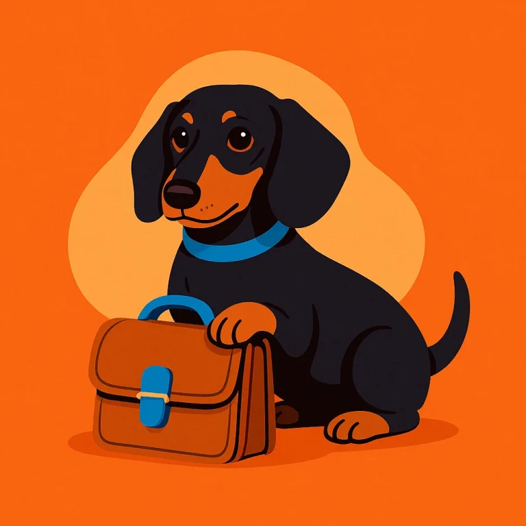 Mascotte Simplcom Formations représentant un chien avec une sacoche, symbole de l’accompagnement et de la formation professionnelle