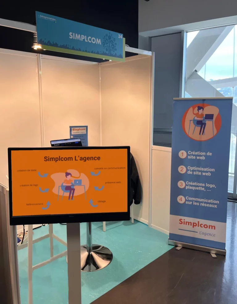 Stand de Simplcom L’agence au salon des Entreprenariales de Nice 2024 présentant ses services de création de site web et communication digitale