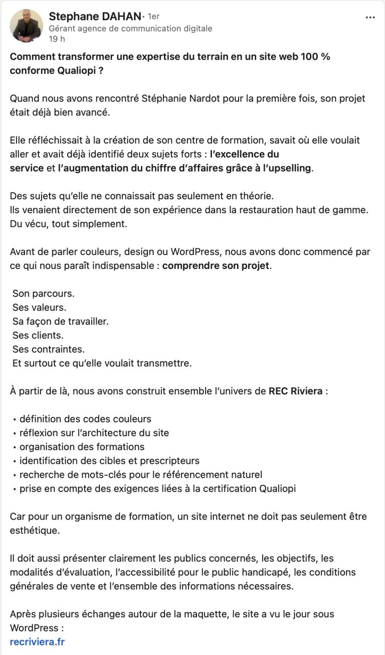 Extrait de la réponse de Stéphanie Nardot du post sur LinkedIn de Stéphane Dahan